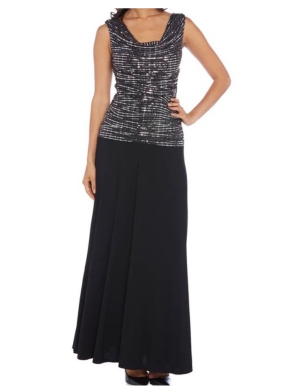 R&M Richards Black Prom Sleeveless Metallic Sequin Cowl Neck Dress Evening Gown